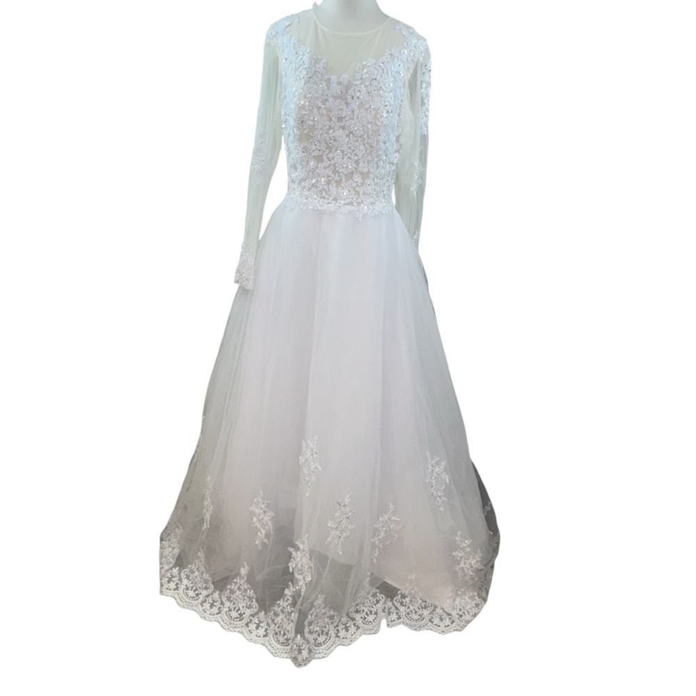 A-Line Long Sleeves Lace Tulle Court Train Wedding Dress - Picture 5 of 17